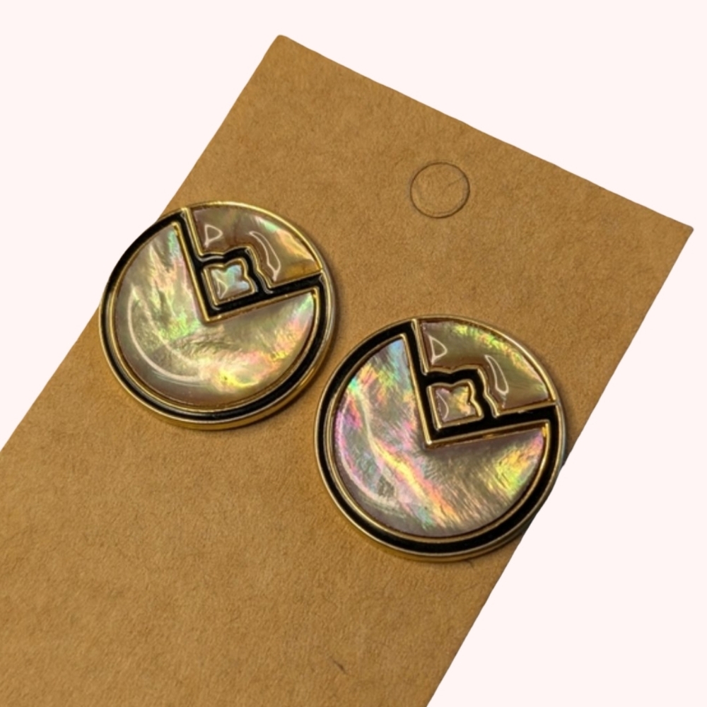 Abalone Earrings -Large Round Gold Tone Earrings For Pierced Ears